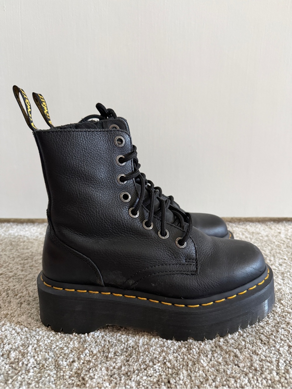 Dr. Martens Black Leather Platform Lace-Up Boots with Yellow Stitching